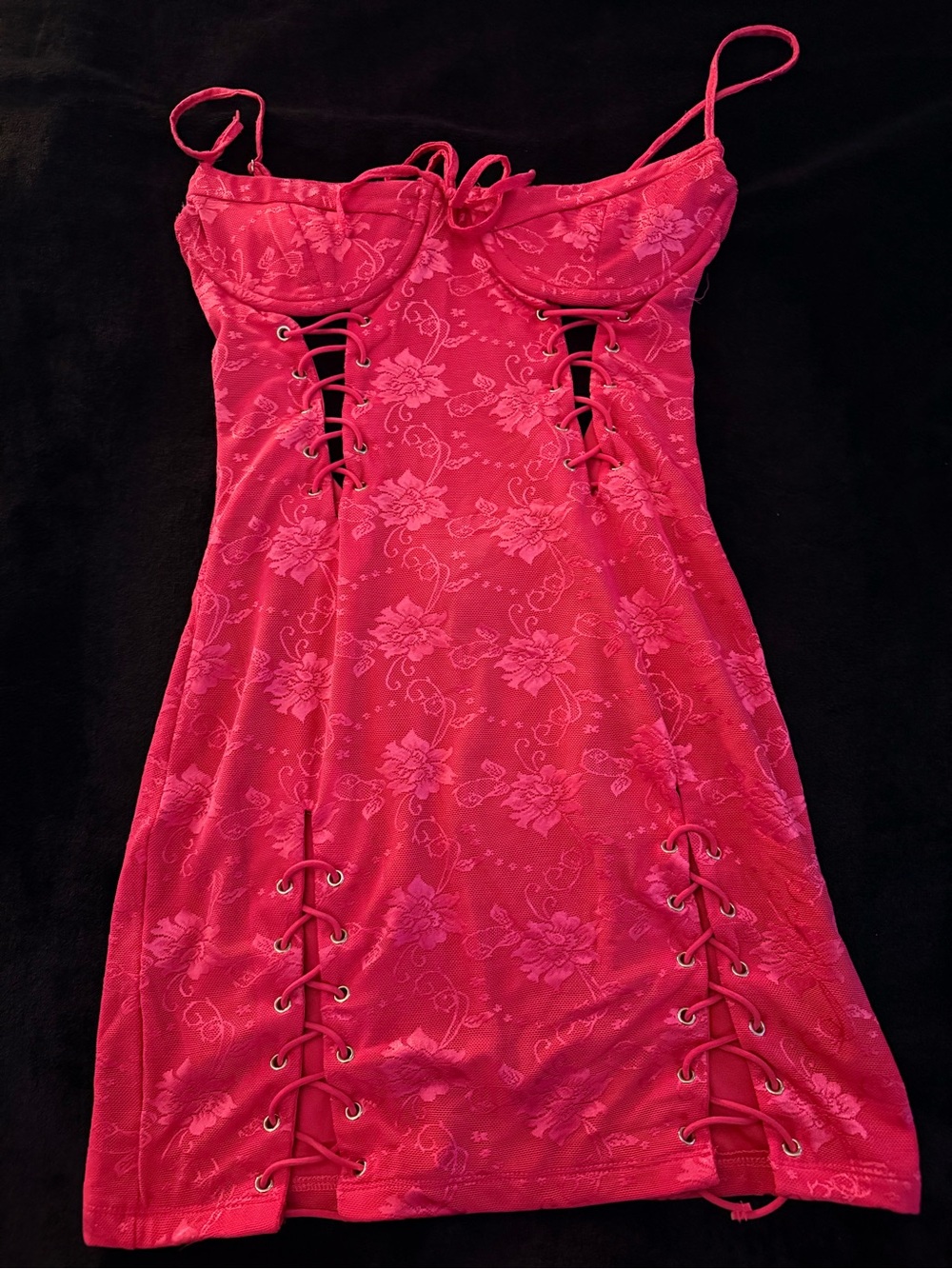 Pink Floral Lace-Detail Mini Dress with Corset Lacing